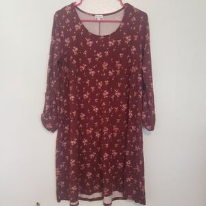EUC Love Fire Maroon Floral Roll-Tab Sleeve Dress